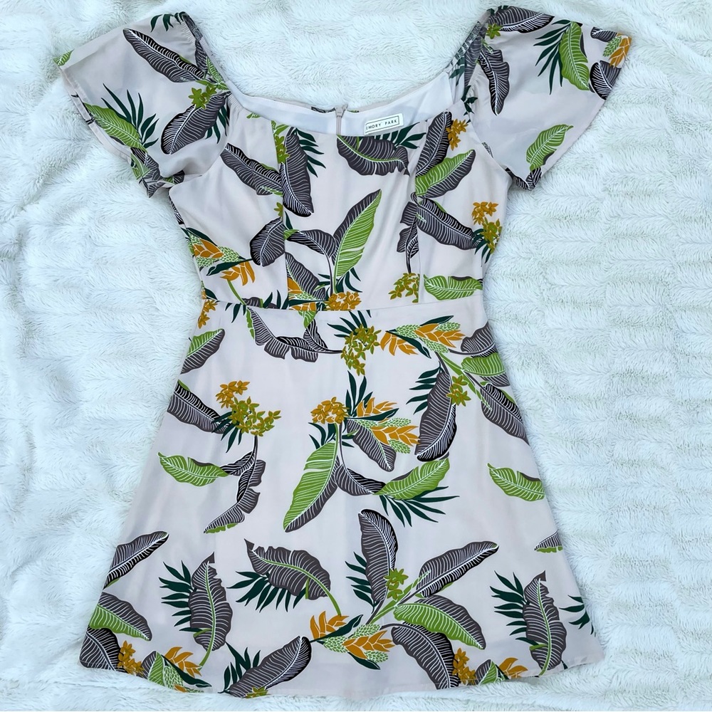 Beige Tropical Print Mini Dress Green Palm Leaf Floral All Over Print Wide Neck